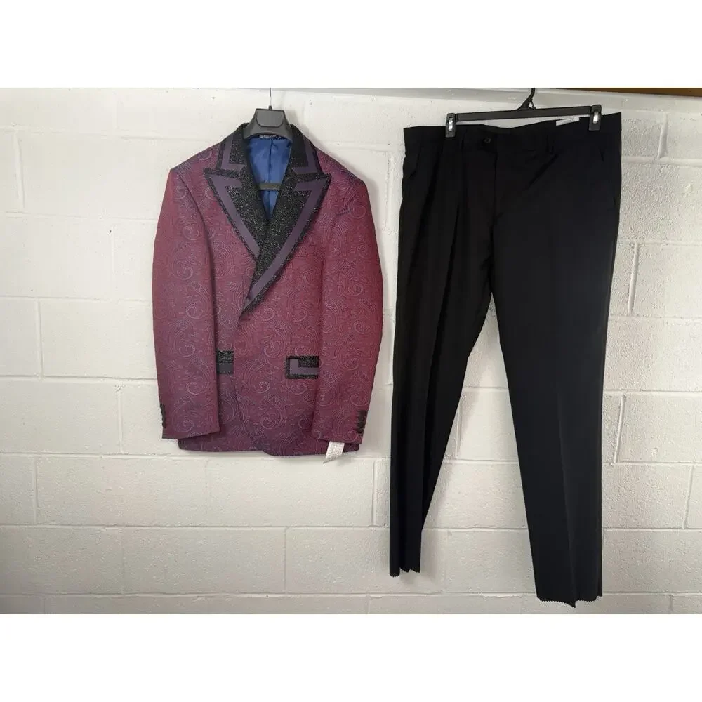Ziggler Milano Mens Tuxedo Suit Blazer Pants Paisley Red Blue US 46 EU 56 T10
